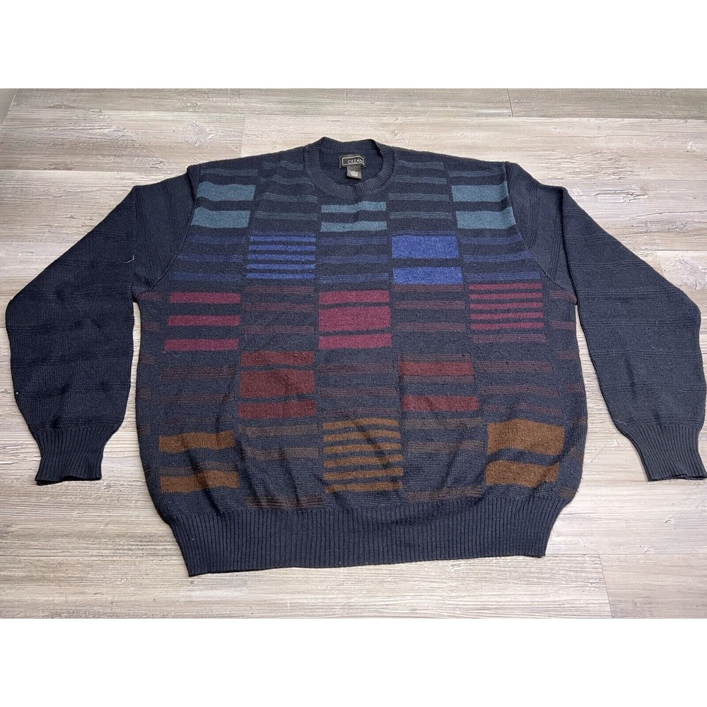 Vintage 90s Geometric Print Sweater Cezani Mens XL Crewneck Wool Blend‎